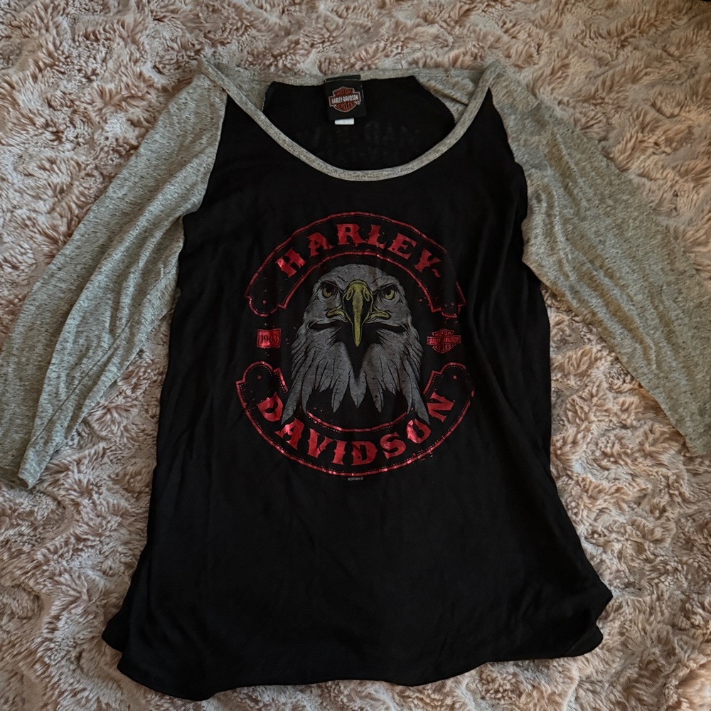 Harley Davidson Black and Gray Eagle Baseball Top